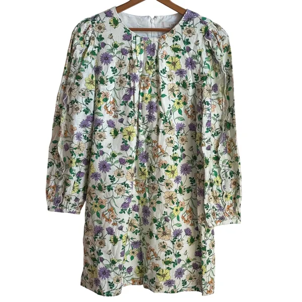 NWT Loft Floral Linen Blend Puff Sleeve Shift Mini Dress 12 Boho Western Chic - Image 2