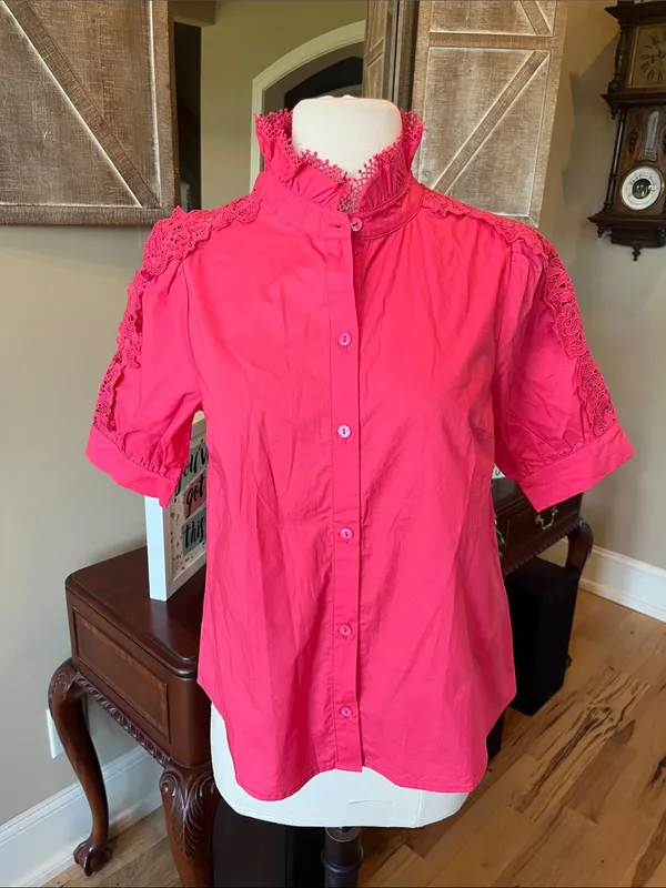 Avara Maribeth Top Berry Women’s Lace-Trim Button Front Blouse - Berry Pink New - Image 5