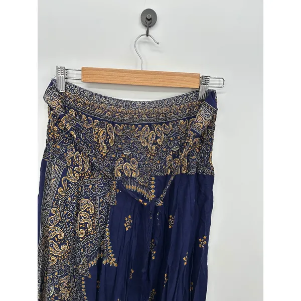 Boho Indie Sleeze Navy Blue Paisley Smocked Waist Handkerchief Hem Skirt L/XL - Image 7