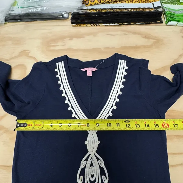 Lilly‎ Pulitzer Tidewater Embroidered Tunic Dress Sm Navy 3/4 Sleeve Mini Jersey - Image 10
