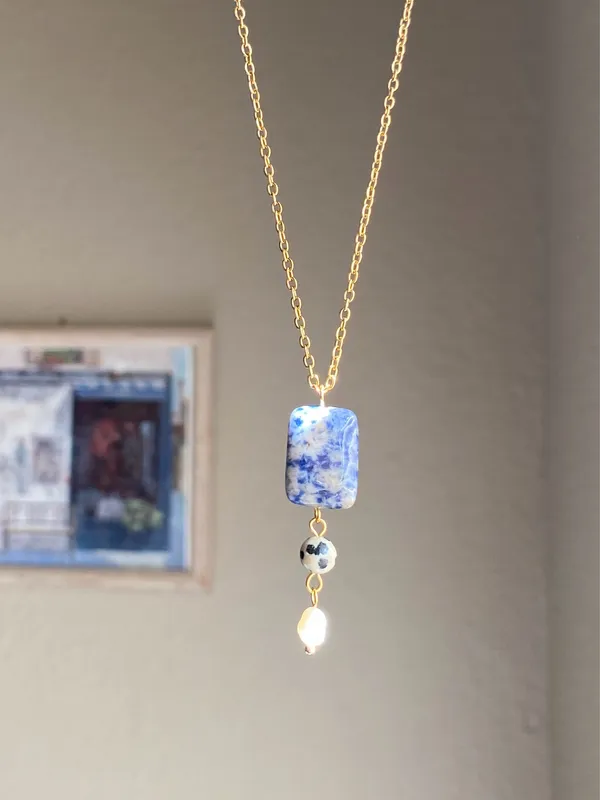 Handmade gem stones & freshwater pearl boho statement necklace🌀💙 - Image 5