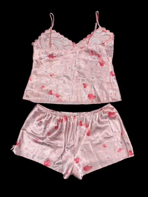 Enchanting Early 2000’s Y2K Pink Floral Roses Lace Satin Pajama Set Size M - Image 2
