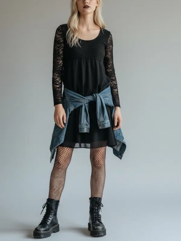 Vintage 90s black lace Chiffon sheer overlay babydoll dress Grunge Emo LBD Goth - Image 3