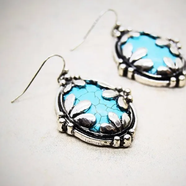 Oval Shaped Boho Turquoise Earrings Blue - Image 2