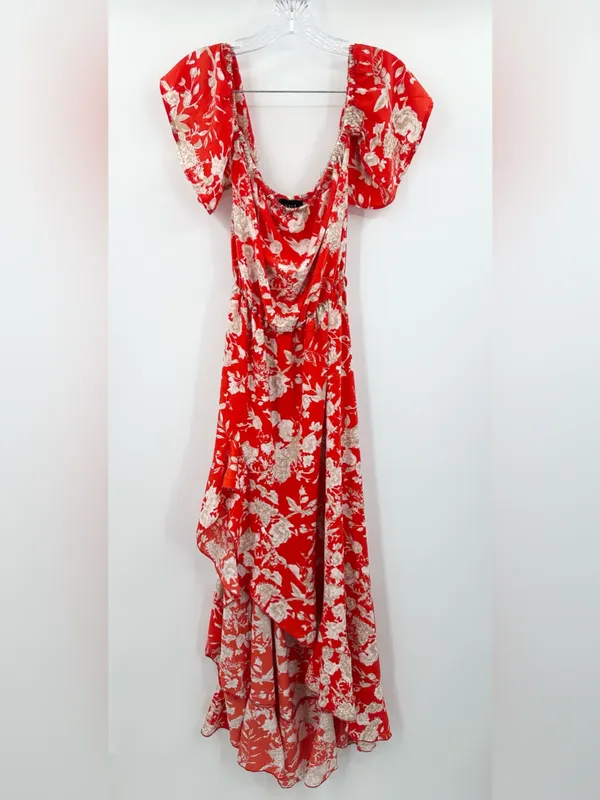 Vici Azalea Floral Off‎ Shoulder Hi-Low Dress Size Medium Red/Orange - Image 2