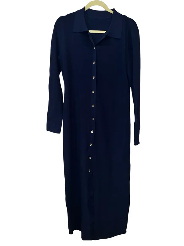 COMMENSE NWT Long Sleeve Button Knit Maxi Dress Navy Gold Buttons - Image 5