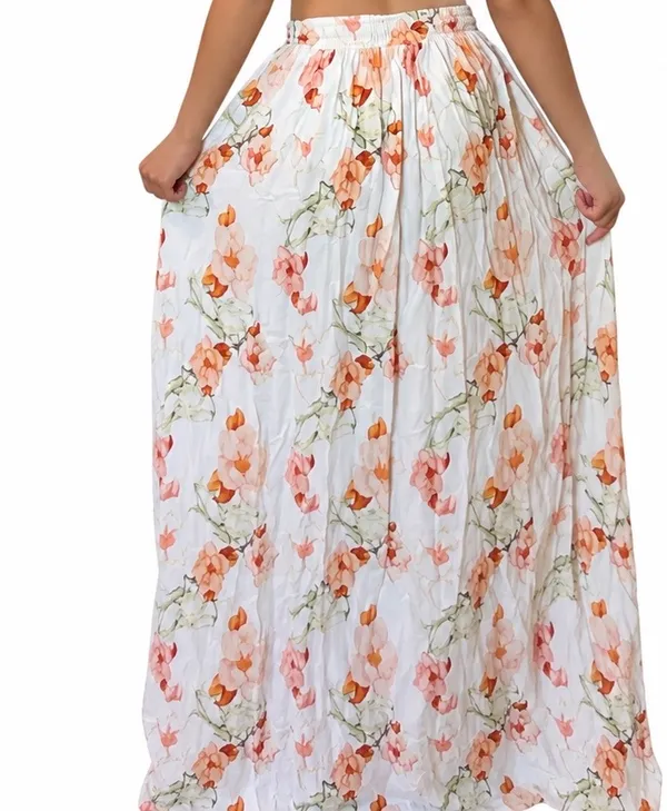 White Floral Maxi Skirt with Peach & Pink Blooms - Image 2