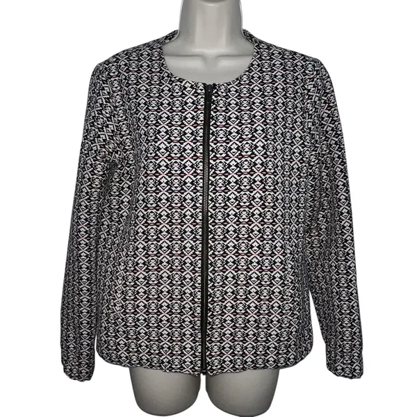 Marine Layer Jacket Womens M Black Geometric Tweed‎ Collarless Full Zip Tribal - Image 2