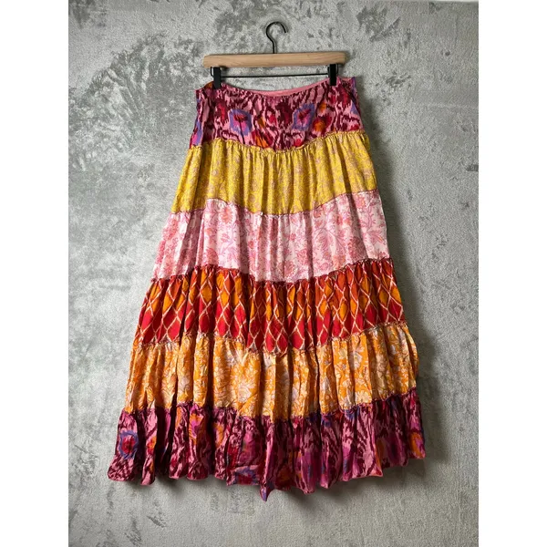 Hale Bob Silk Tiered Maxi Skirt Size Large Boho Floral Patchwork Festival - Image 3