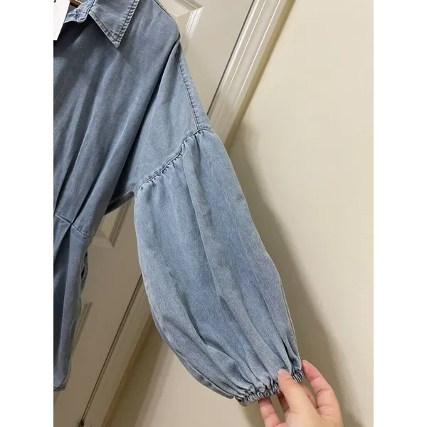 NWT Mable Denim Balloon Sleeve Rompe Sz L Tie Waist Shorts Cotton Boho Western - Image 5