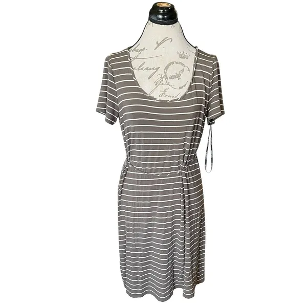 Calvin Klein Dress Sz 12 Striped Short Sleeve Green Olive Knee Length Minimalist - Image 2