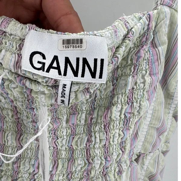 Ganni stripe seersucker green purple babydoll dress sz 38/6 above knee nautical - Image 5