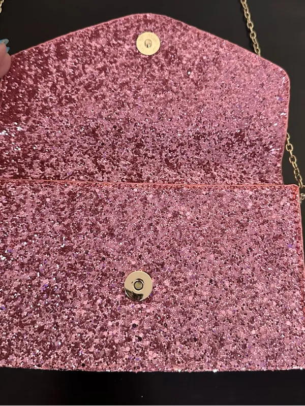 Pink Glitter Envelope Clutch with Gold Plated Chain - Image 7