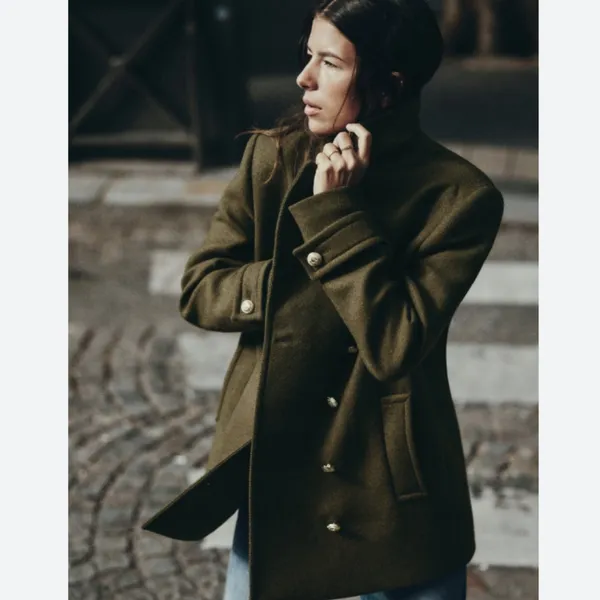 NWT ZARA WOOL BLEND DOUBLE-BREASTED COAT KHAKI Green Bloggers Fave Oversize READ - Image 3