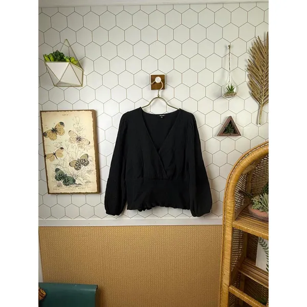 Madewell Black Lightspun Julianne Smocked-Waist Wrap Blouse - Size - 1X - Image 2