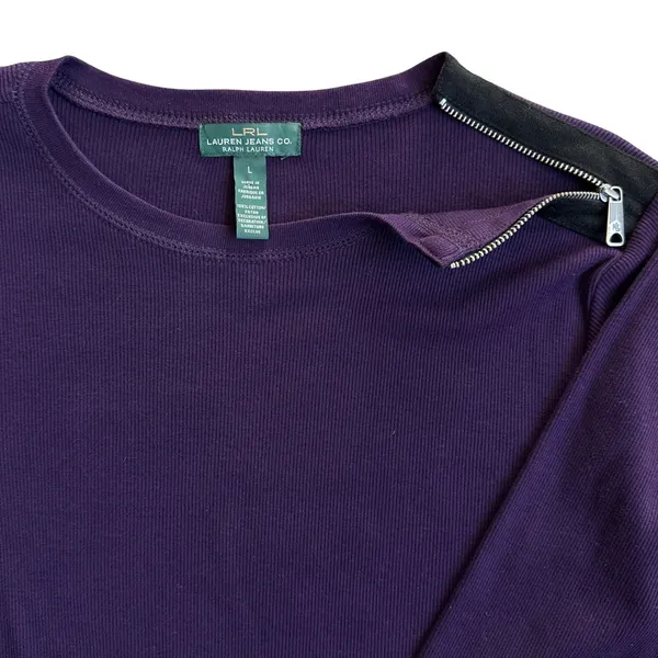 Ralph Lauren Ribbed Long Sleeve Shirt Purple‎ Shoulder Zip Faux Leather Elbow Patches - Image 5