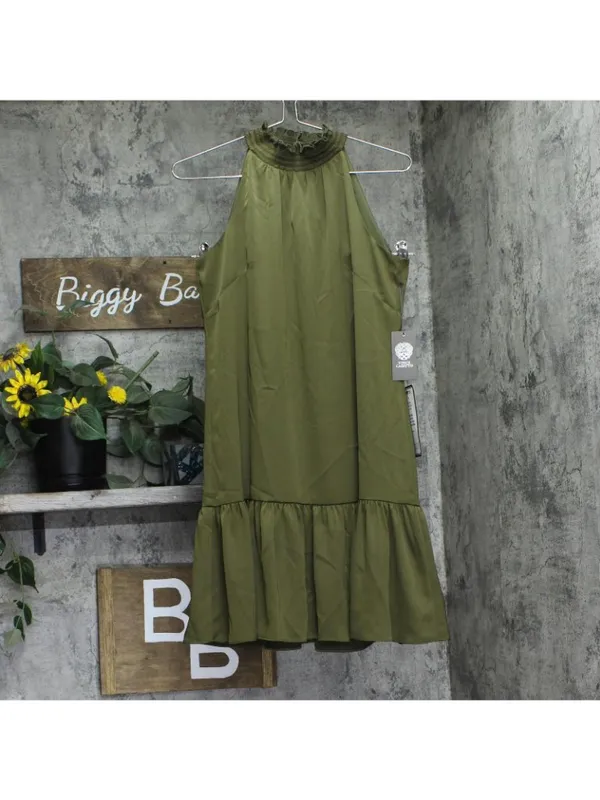 NWT Vince Camuto Satin Ruffled A-Line Halter Dress VC5M6576 Olive Green 6 - Image 5