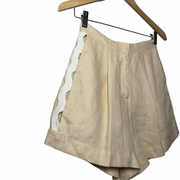 Anthropologie Mon Renn Coast Linen Shorts S Pleated Tan Open Side Ric Rac - Image 6