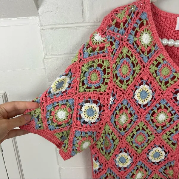 Vintage Granny Knit Crotchet Button Front Top Size M - Image 5