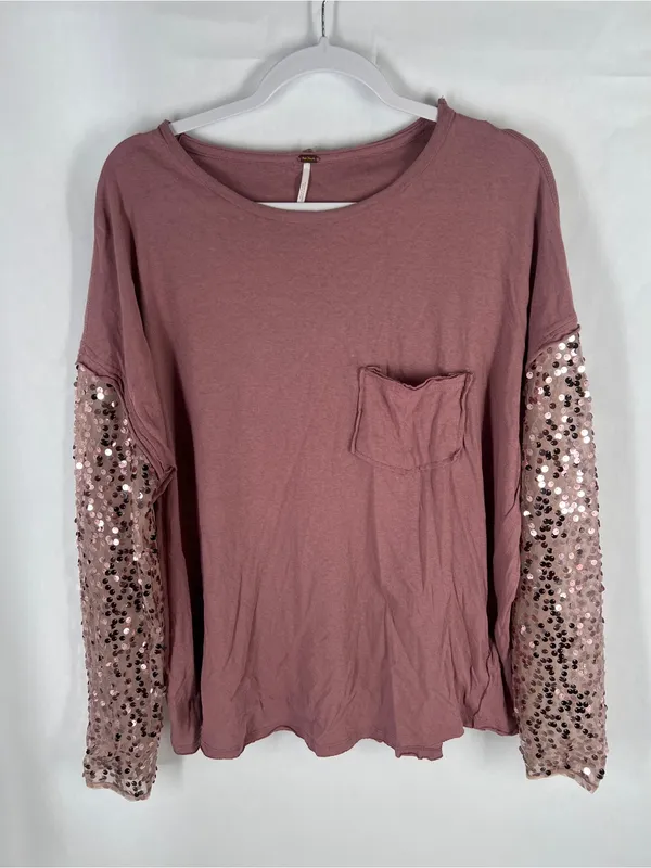 Free People Dusty Rose Sequin-Sleeve Pocket Long Sleeve Tee - Image 2