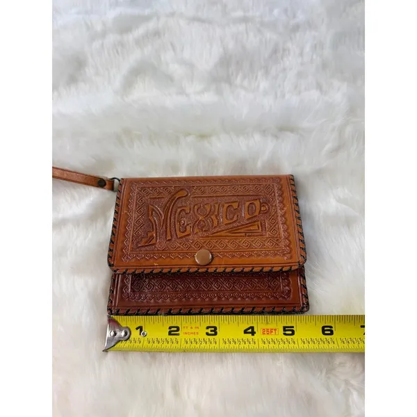 Vintage Tooled Leather Clutch Wallet MEXICO‎ Wrist Strap Brown Snap Closure - Image 7