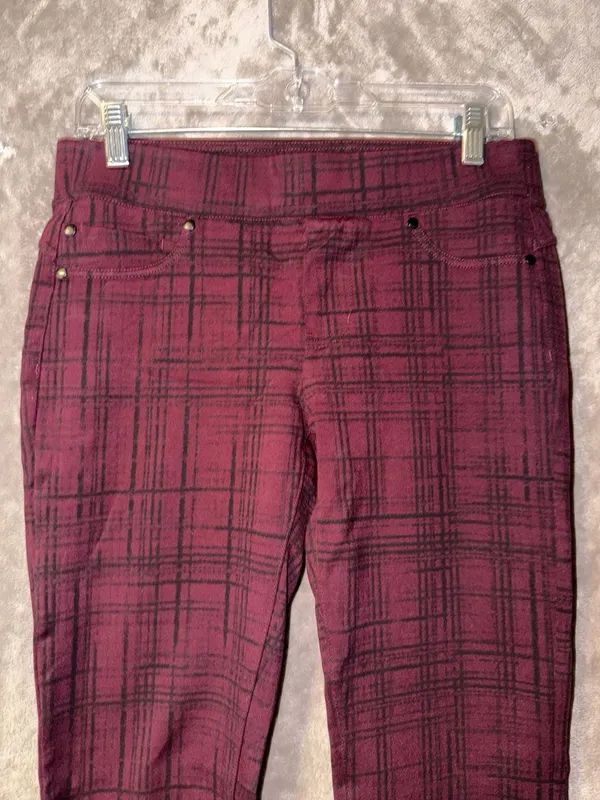 Liverpool Reagan Printed Skinny Burgundy Plaid Pants Size 6/28 - Image 4