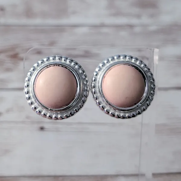 Vintage Clip On Earrings Light Pink Center with Silver Tone Halo - Image 2