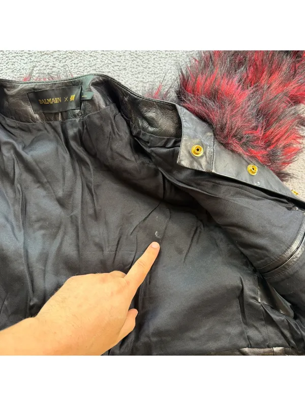 Balmain x H&M 2015 Red Black Faux Fur Leather Trim Cropped Jacket Women's US - Image 7