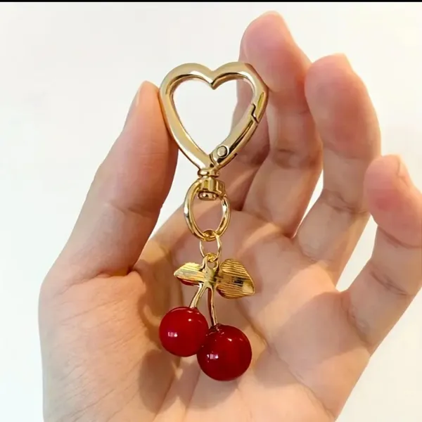 Gold Heart Keychain with Red Cherry Charm‎ - Image 8