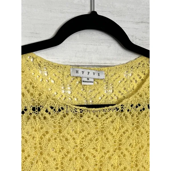 HYFVE Women's Small Yellow Long Sleeve Crochet Knit Pullover Sweater Sheer - Image 4