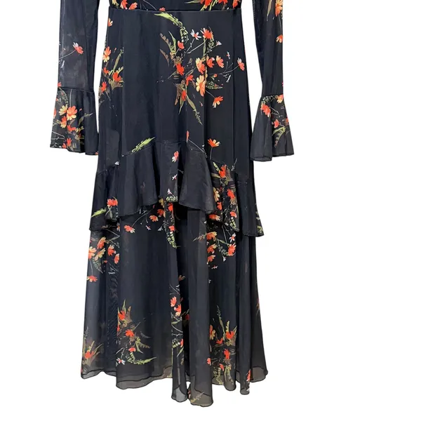 Floral Sheer Mesh Mock Neck Tiered Ruffle Midi Dress Black Orange Red Small - Image 4