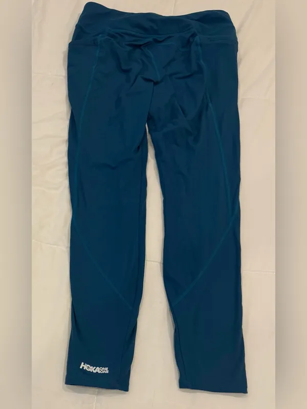 HOKA Women's Performance Crop Tight Blue Steel Teal Size Large Pocket Running - Image 2