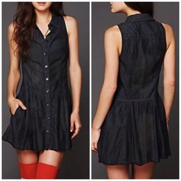 Free People Washed Black Denim Mini Dress Medium - Image 2