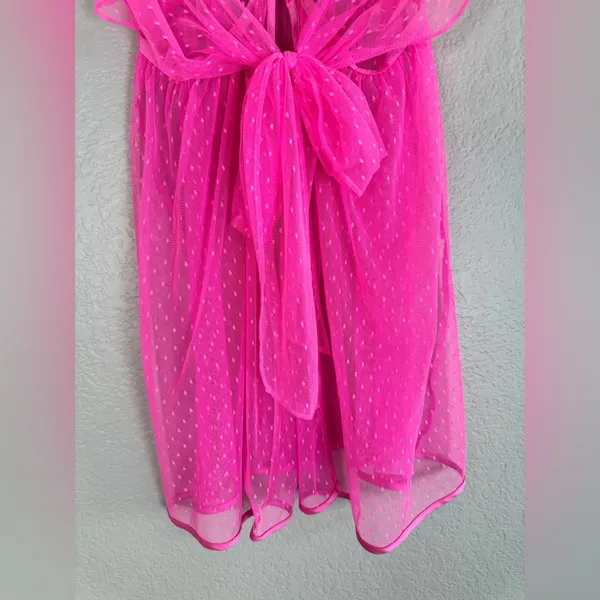 Victoria’s Secret Hot Pink Swiss Dot Sheer Mesh Babydoll Bow Tie Front $80 Small - Image 9