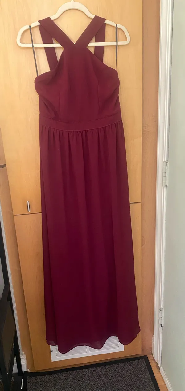 Lulu’s Burgundy/Wine Crisscross Halter Formal / Wedding Guest Maxi Dress Size L - Image 3
