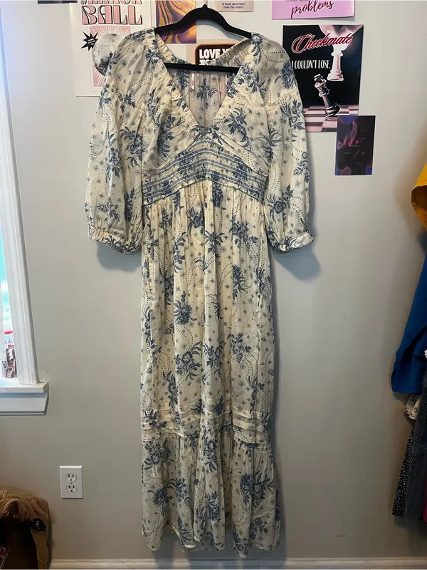 Free People Golden HourCream Maxi Dress with Blue Floral Print - Image 2