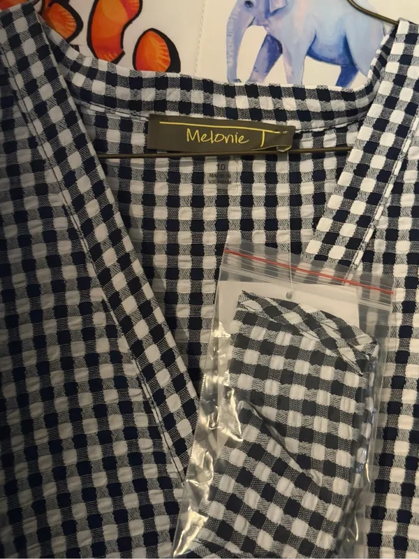 Melonie Black & white gingham button up dress bottom ruffle cloth belt unworn - Image 2