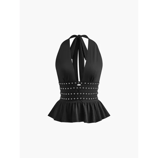 Commense Edgy Chic Studded Detail Ruffle Halter Top NWT Small - Image 7