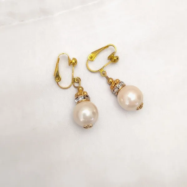 Vintage Clip On Earrings Rich Gold Tone Clear Gems, Faux Pearl Dangle Drop - Image 3