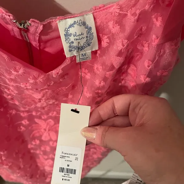 NWT Barbiecore 💖 Francesca’s Blue Rain Pink Floral Tie Shoulder Dress Size M - Image 5