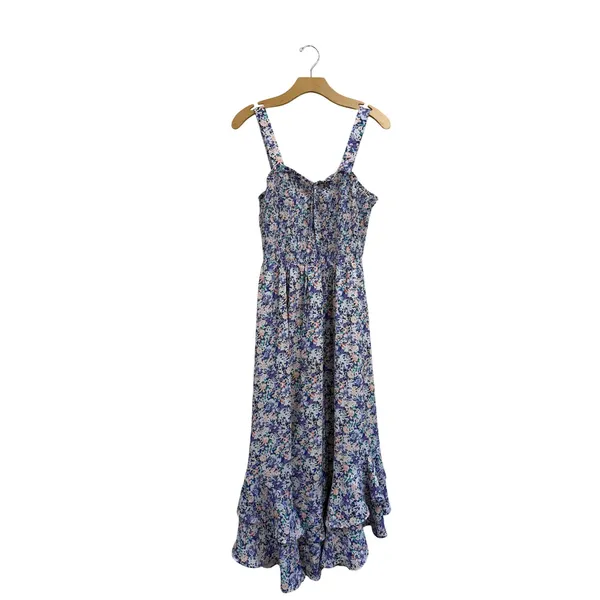 Grace Karin Floral Smocked Midi Dress Purple Blue Ruffle High Low Hem Large - Image 2