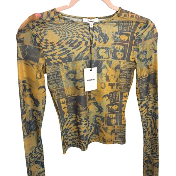 MIAOU Long Sleeve Tee in Wanted Size XS Grunge Streetwear Sheer Magazine‎ Print - Image 3