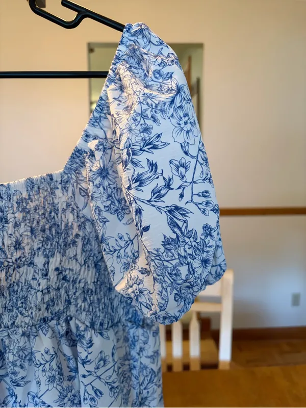 Blue & White Floral Smocked Peplum Puff Sleeve Blouse | Cottagecore | Women’s - Image 2