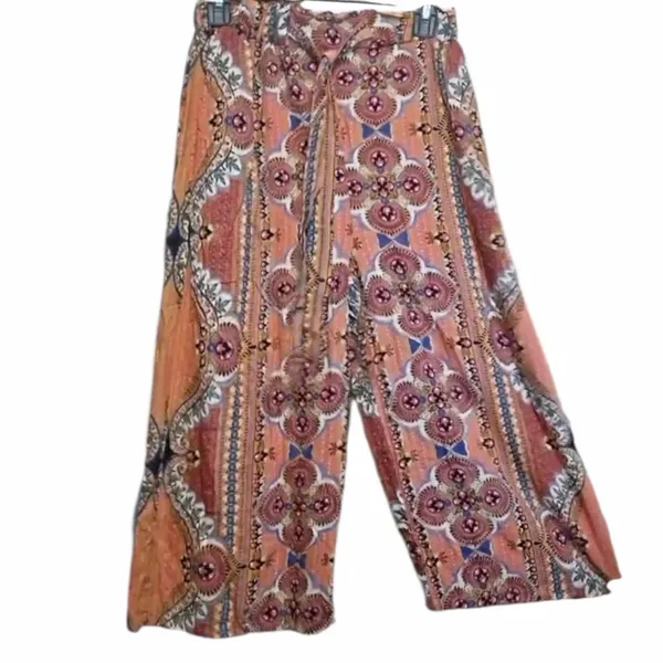 Blue Rain Boho Medallion Wide Leg Cropped Pants Flowy Festival Vibe Size Medium - Image 5