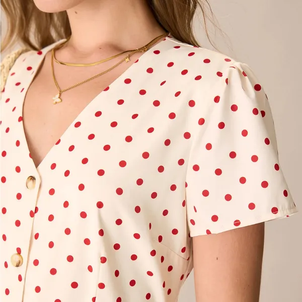 Rihoas Beige Polka Dot Button Mini Dress White - Image 4