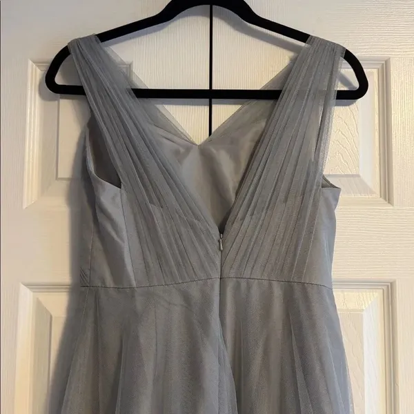 W Too by Watters Long Tulle Bridesmaid Dress Slate Gray BlueSize 6 V-Neck Gown - Image 6