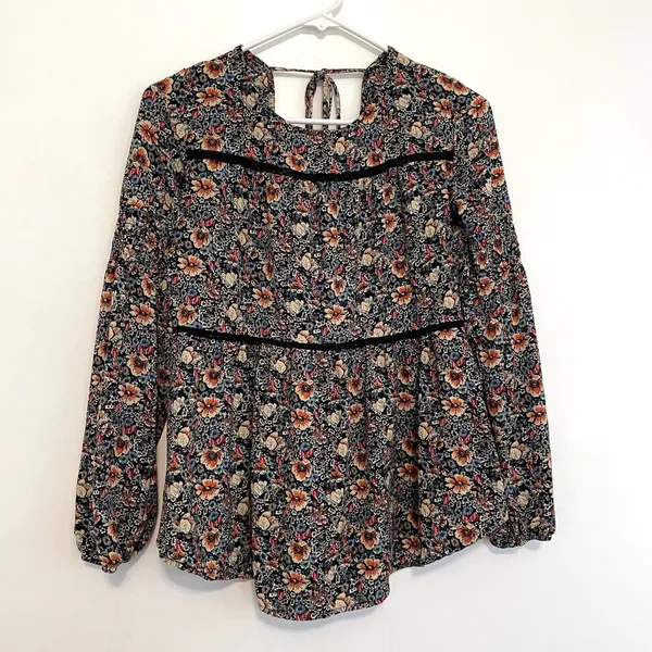 KNOX ROSE Smocked Floral Tie Back Top Black Etc Boho Long Sleeve Peasant Blouse - Image 3