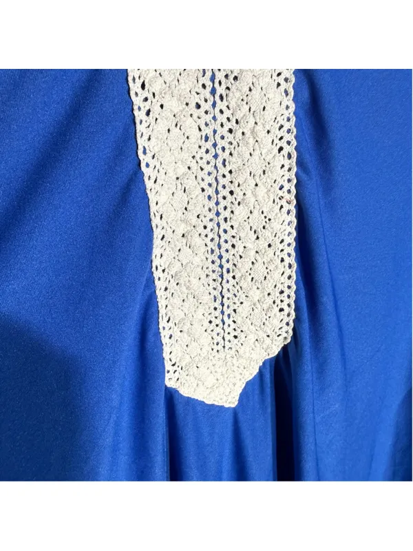 Vintage 70s kaftan dress royal blue hippie boho white cotton lace embroidery M - Image 6