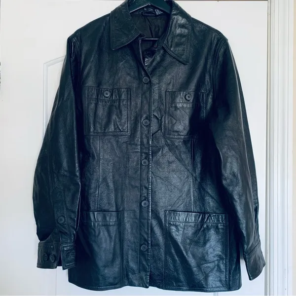 90s Vintage Women's Oversized Black Leather Jacket Size L - Image 5