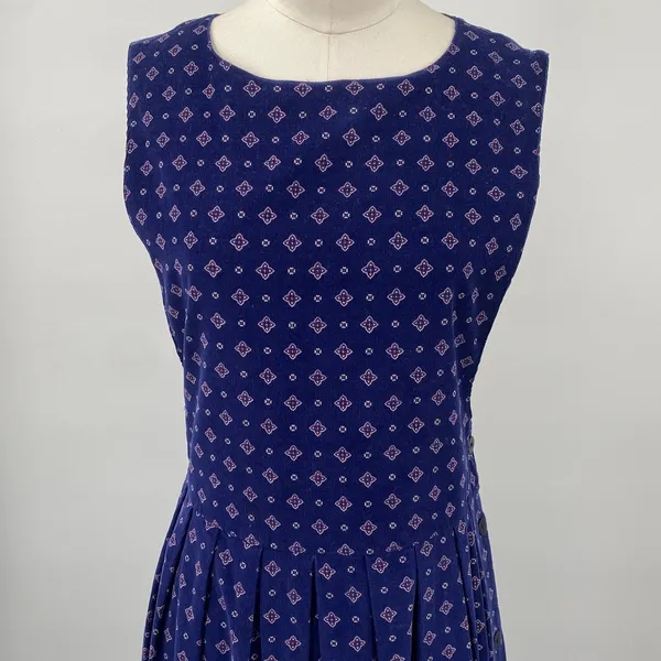 Vintage 90s American Eagle Corduroy Midi Dress Pinafore Pleated Printed Navy S - Image 3